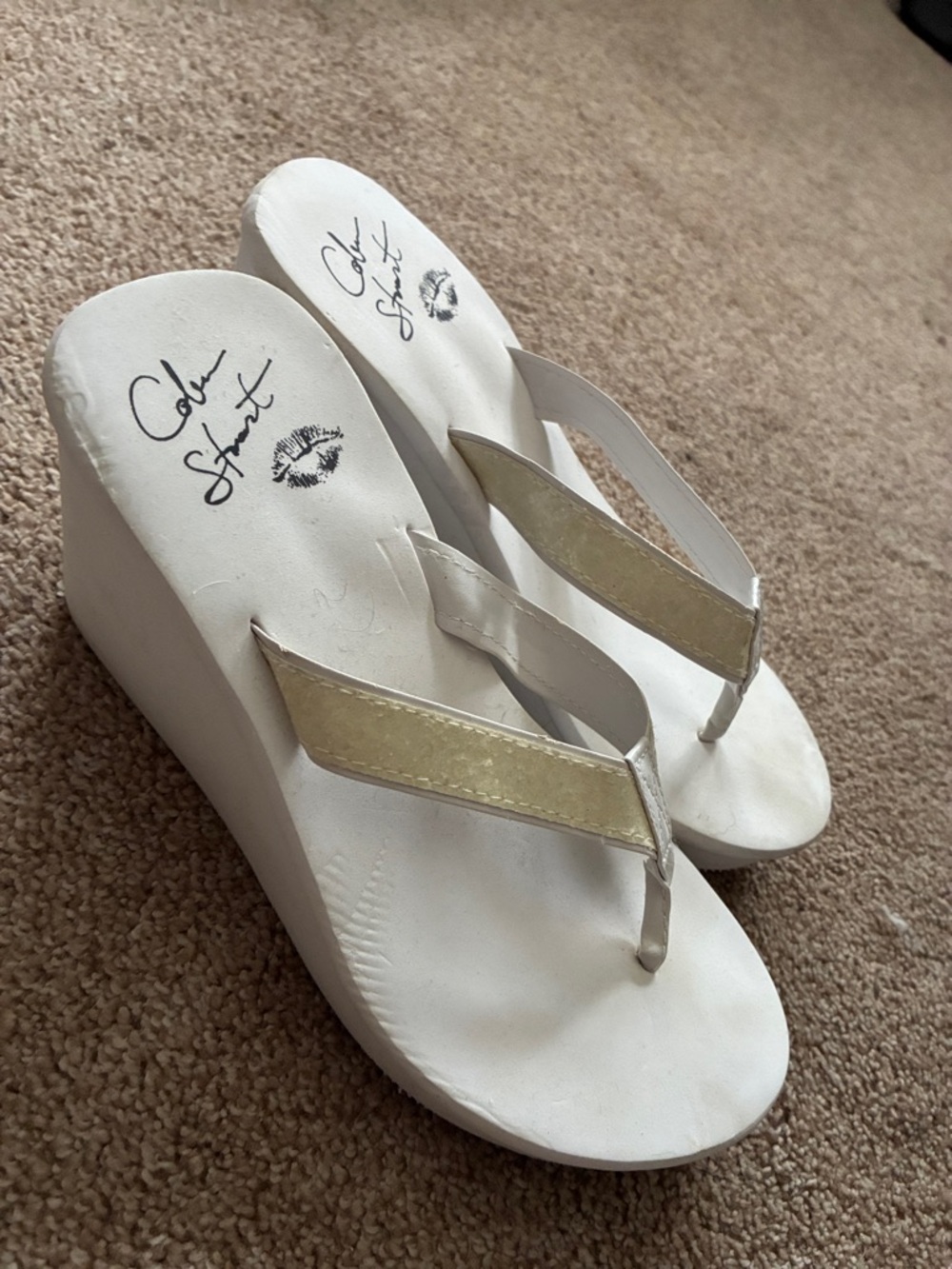 Colin Stuart White Wedge Sandals with Gold Shimmer Straps